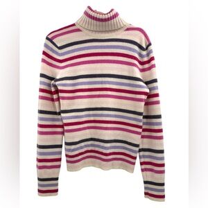 Express 100% Cashmere Striped Turtleneck Sweater Pink Purple Cream Luxury Knit
